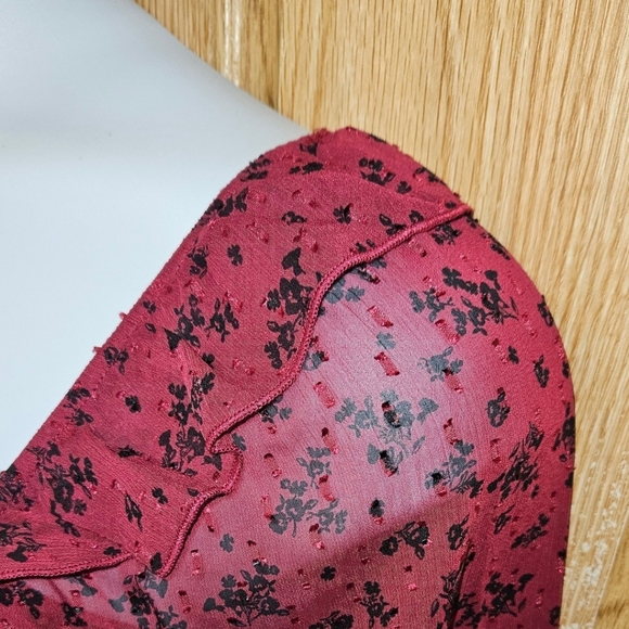 TRIXXI new burgundy & black sheer long sleeve ruffle floral chiffon blouse - Picture 8 of 16